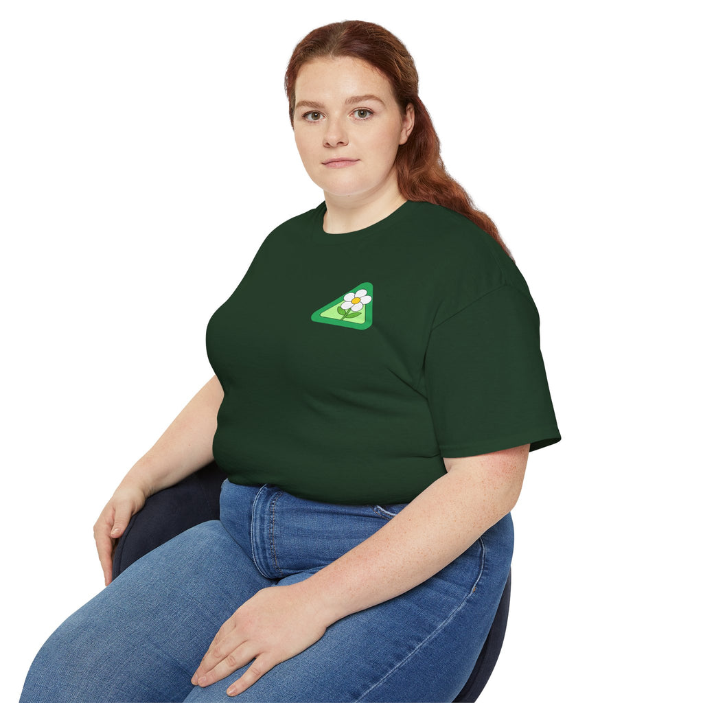 Person wearing a green t-shirt with a logo sitting on a white background