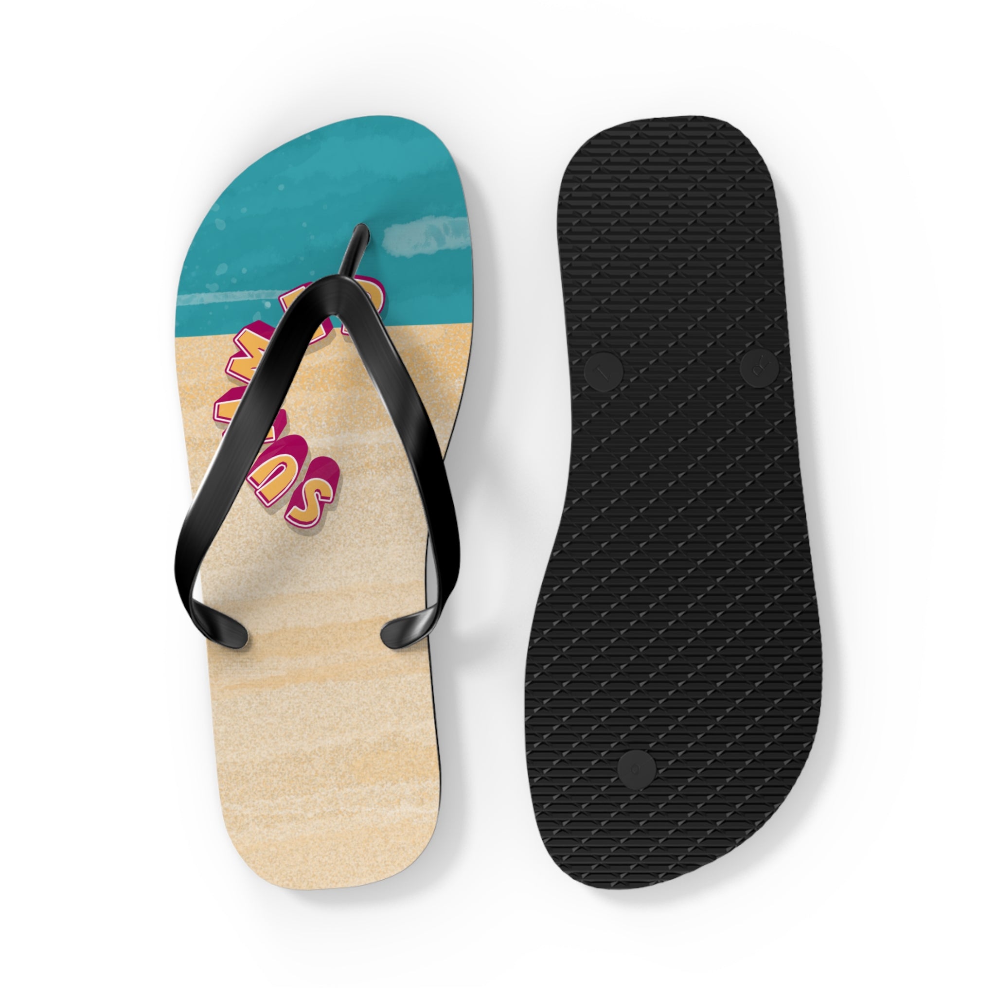 Flip-flop sandal with a black strap and colorful sole on a white background