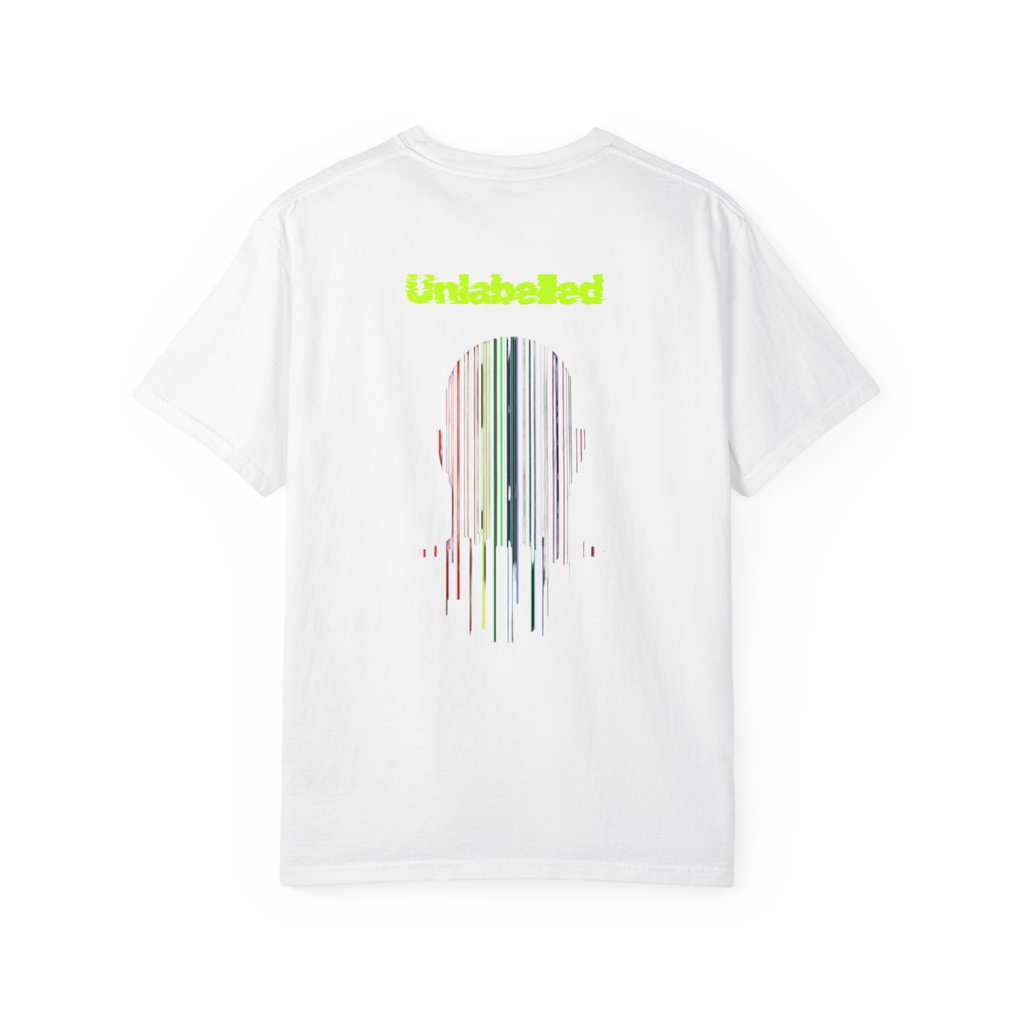 White t-shirt with 'Unlabelled' text and colorful design on a white background