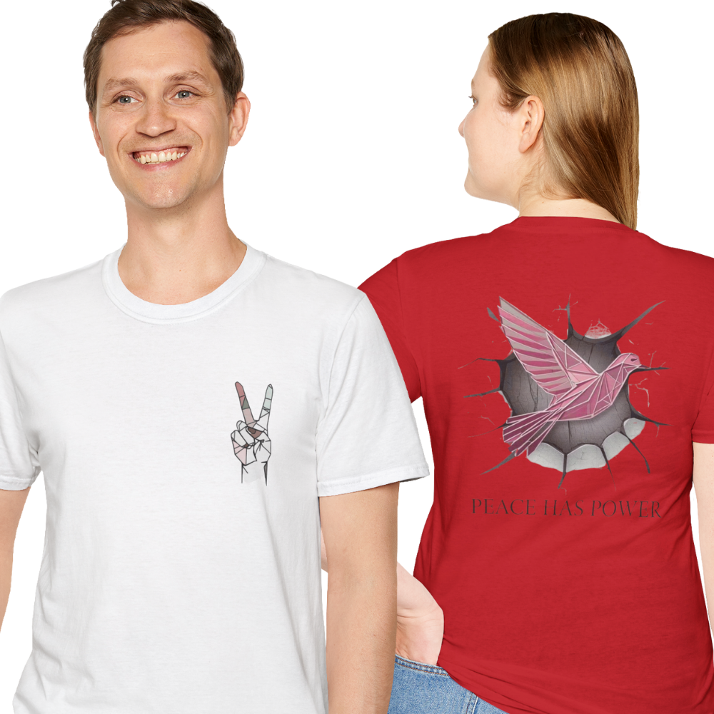 Two people wearing t-shirts with peace symbol and dove design.