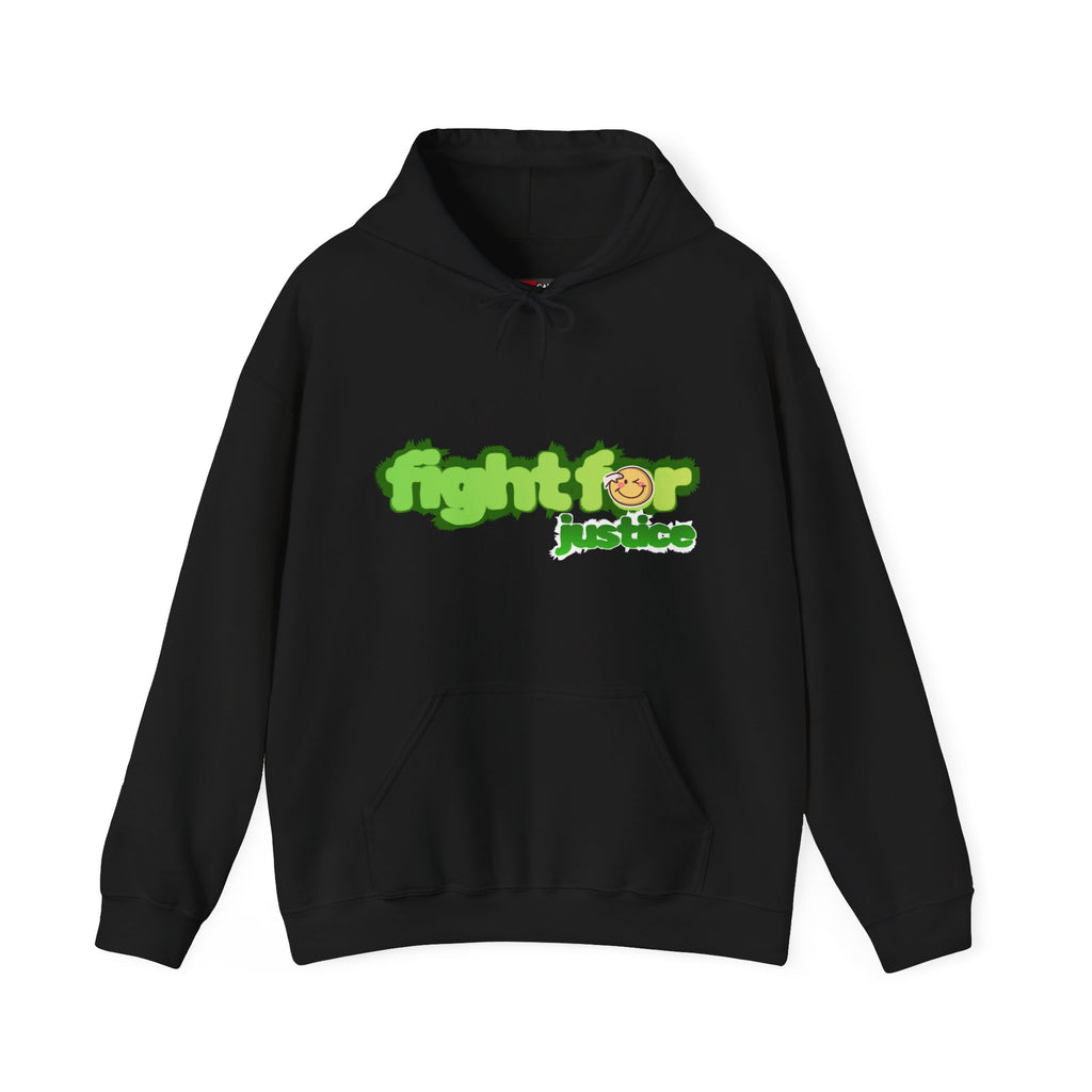 Black hoodie with green and white text on a white background