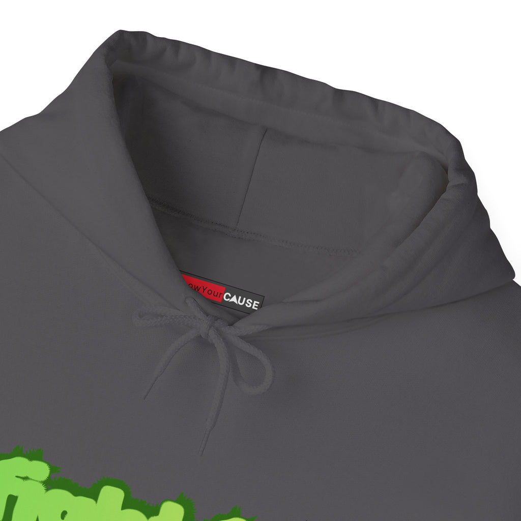 Gray hoodie with a brand label on the chest area