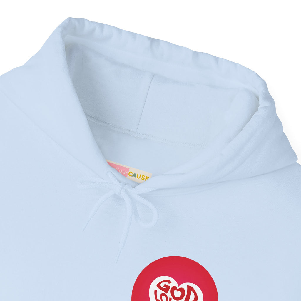 Light blue hoodie with a red logo on a white background