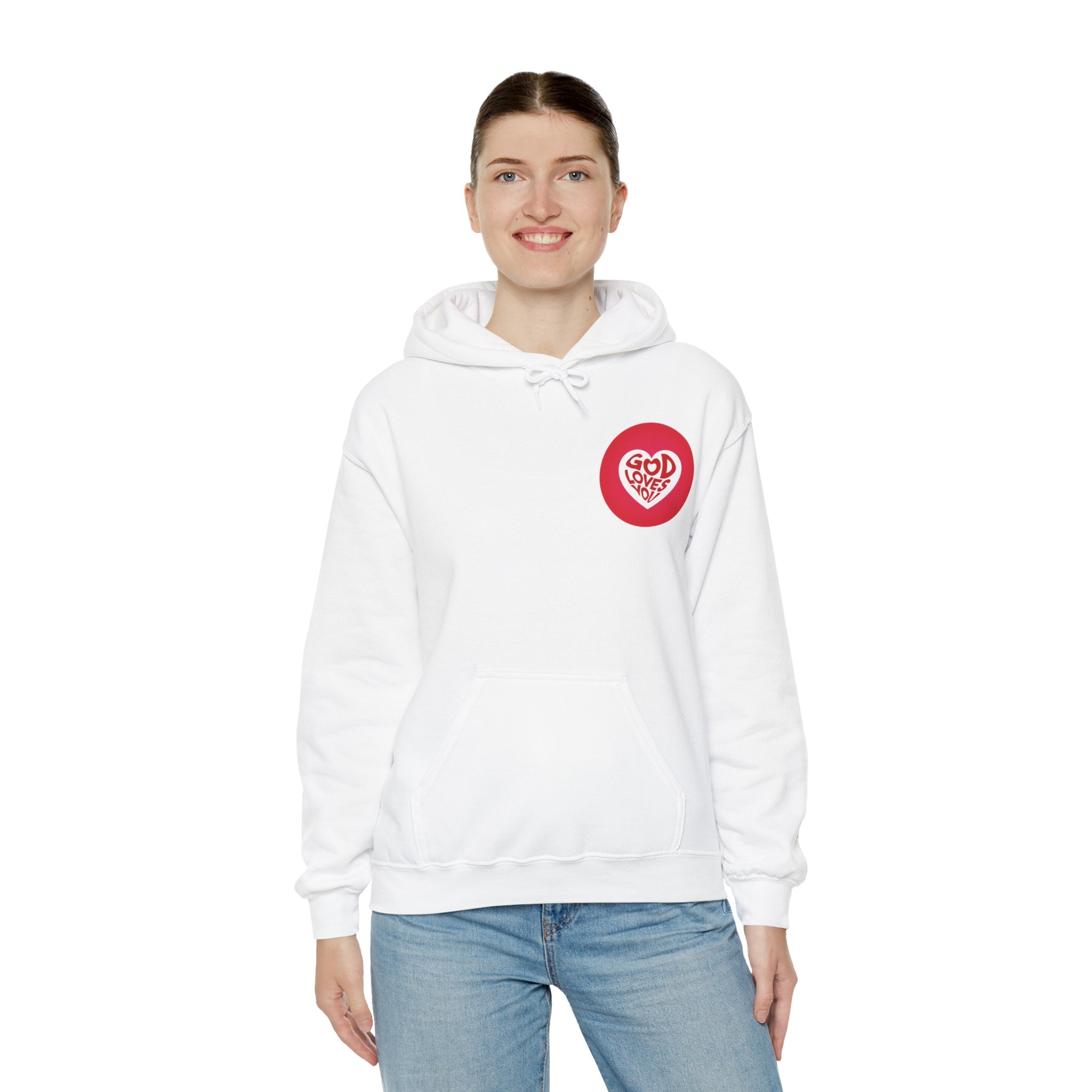 Person wearing a white hoodie with a red logo on a white background
