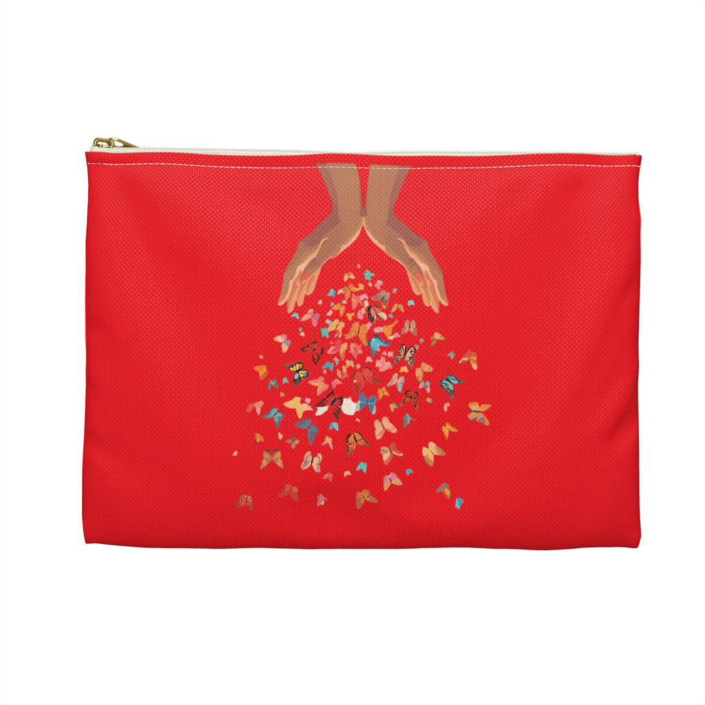 Red pouch with hands holding colorful butterflies design on a white background