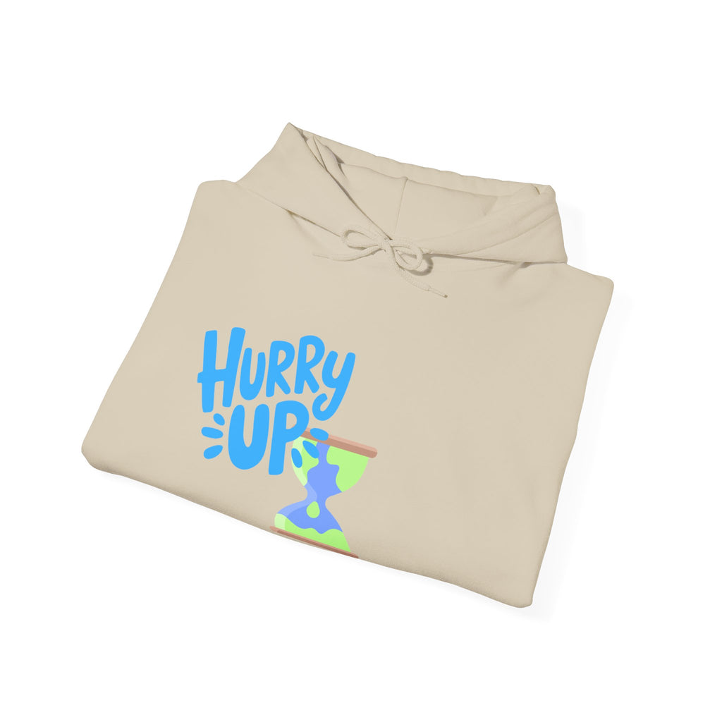 Beige hoodie with blue text 'Hurry Up' on a white background