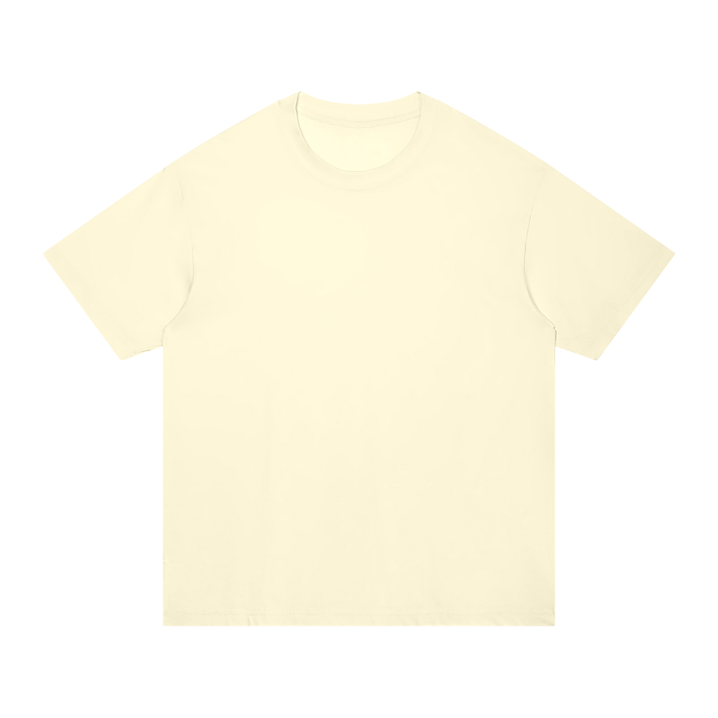 A pale cream-colored short-sleeve crewneck t-shirt with a small light blue embroidered wing logo on the left chest, displayed flat against a solid white background.