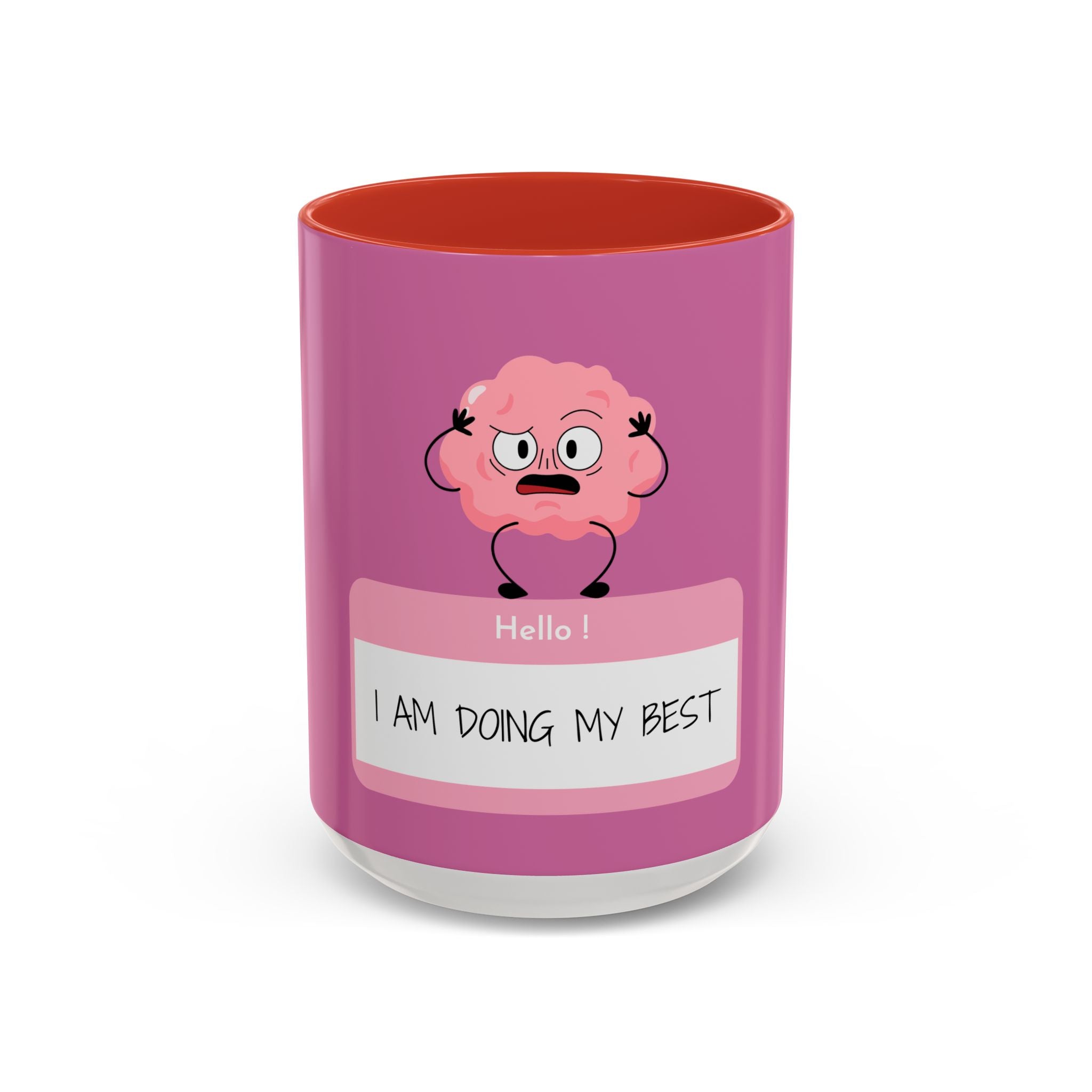 Pink tumbler with cartoon brain design and text on a white background