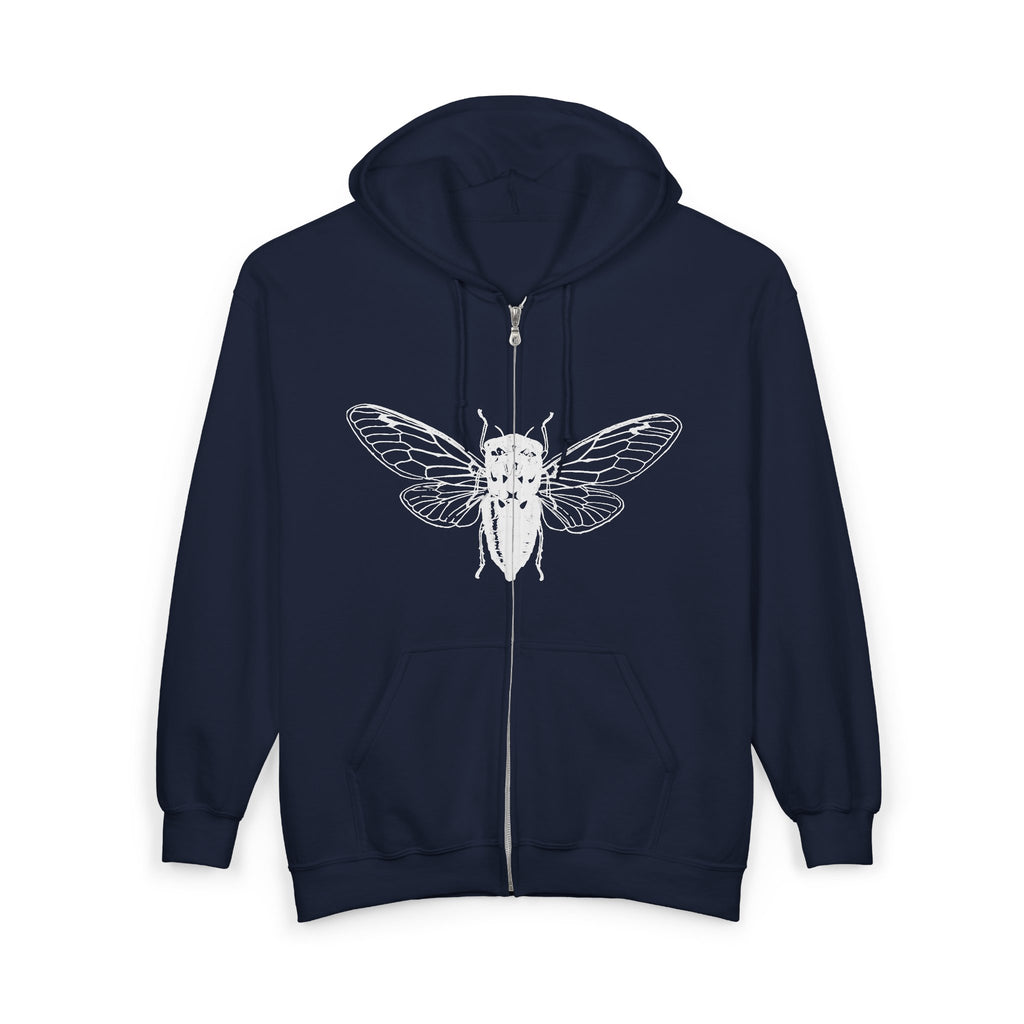 Navy blue hoodie with a white cicada design on a white background