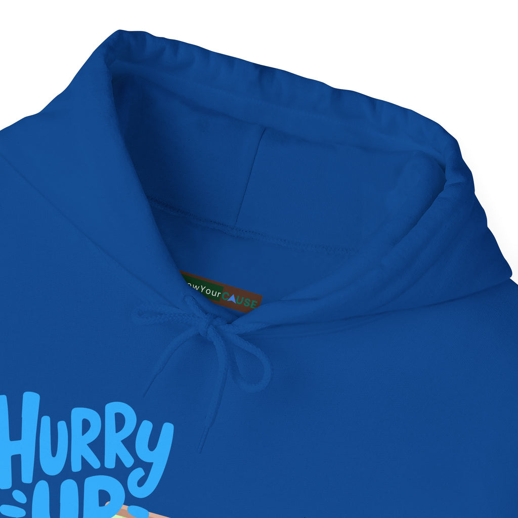 Blue hoodie with text on a white background
