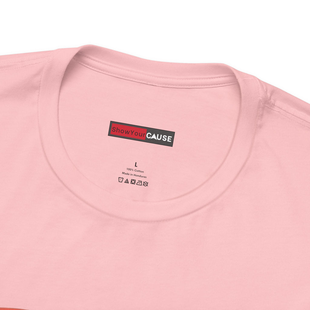 Close-up of a pink t-shirt with a label on the collar.