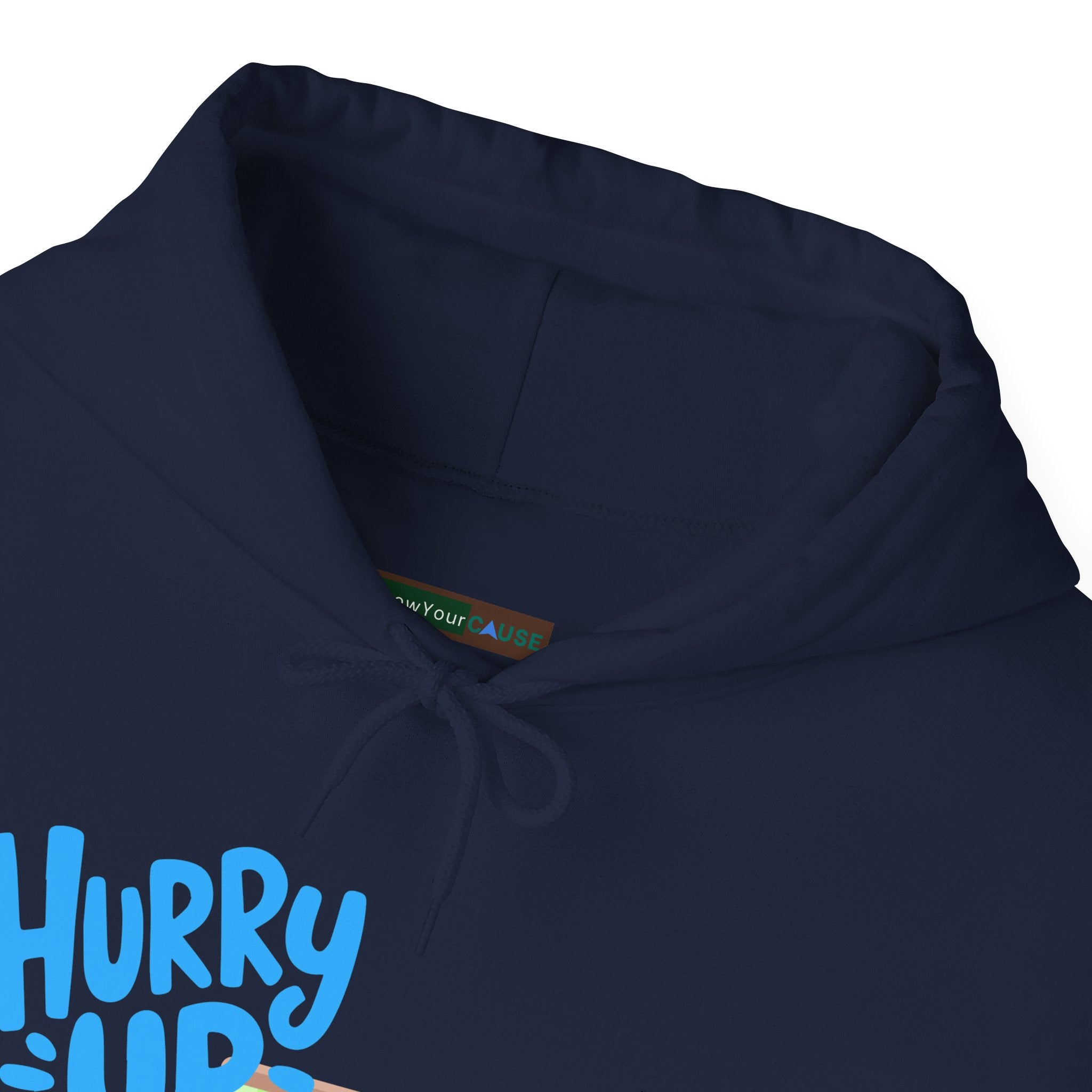 Navy blue hoodie with 'Hurry Up' text in blue on a white background