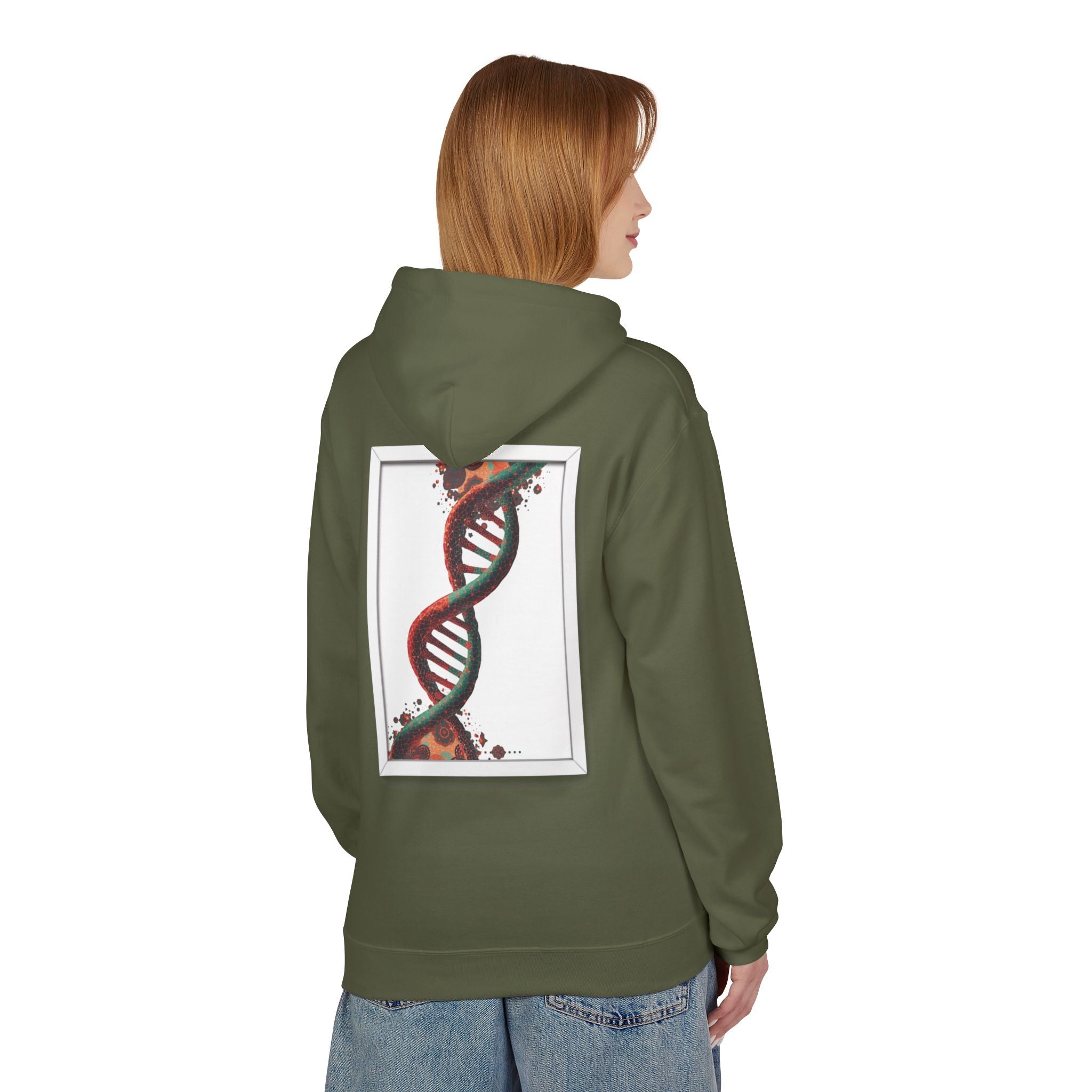 Person wearing a green hoodie with a DNA design on the back, standing against a white background