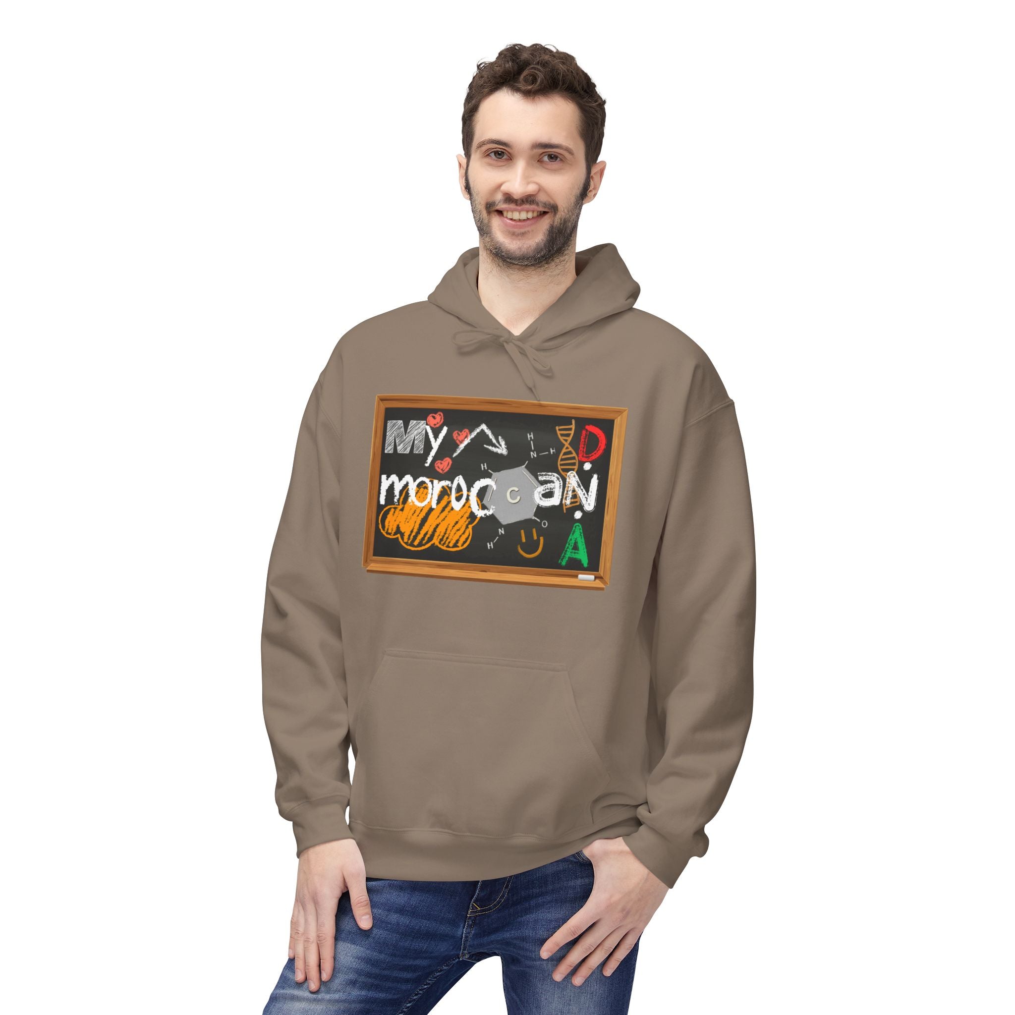 Man wearing a brown hoodie with a colorful graphic design on a white background Moroccan DNA