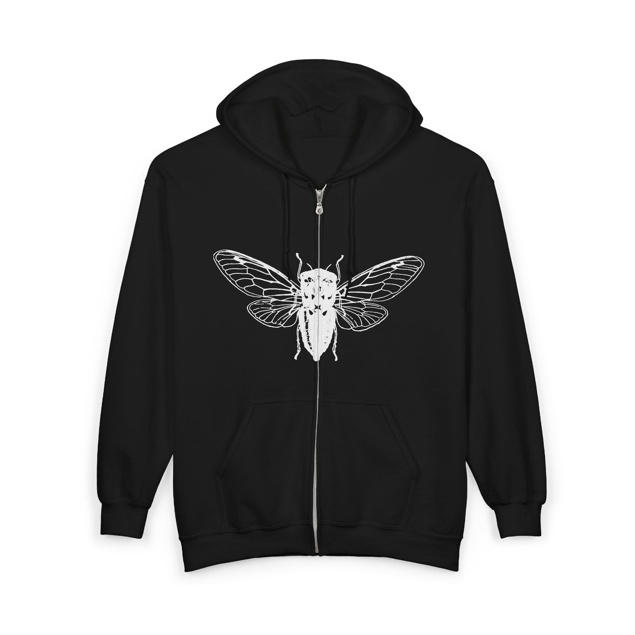 Black hoodie with a white cicada design on a white background
