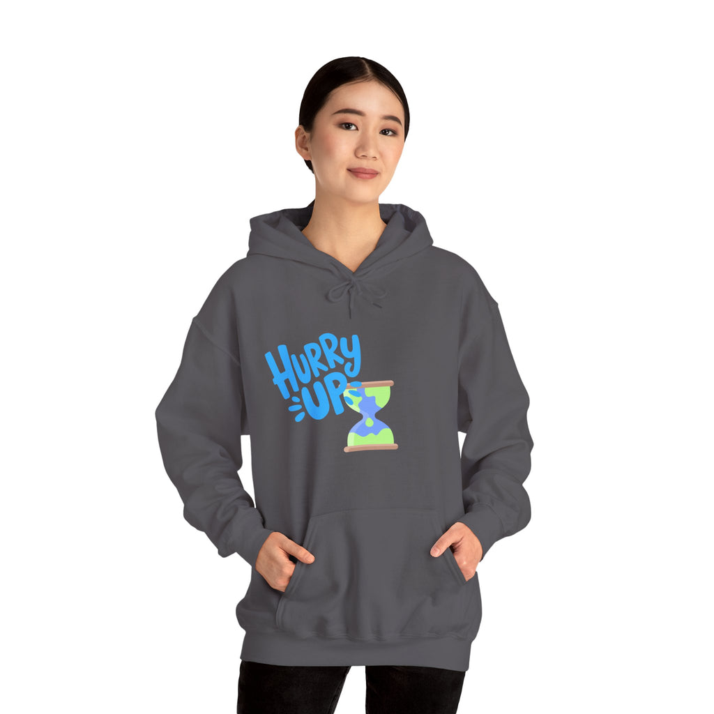 Person wearing a gray hoodie with a design and text on a white background