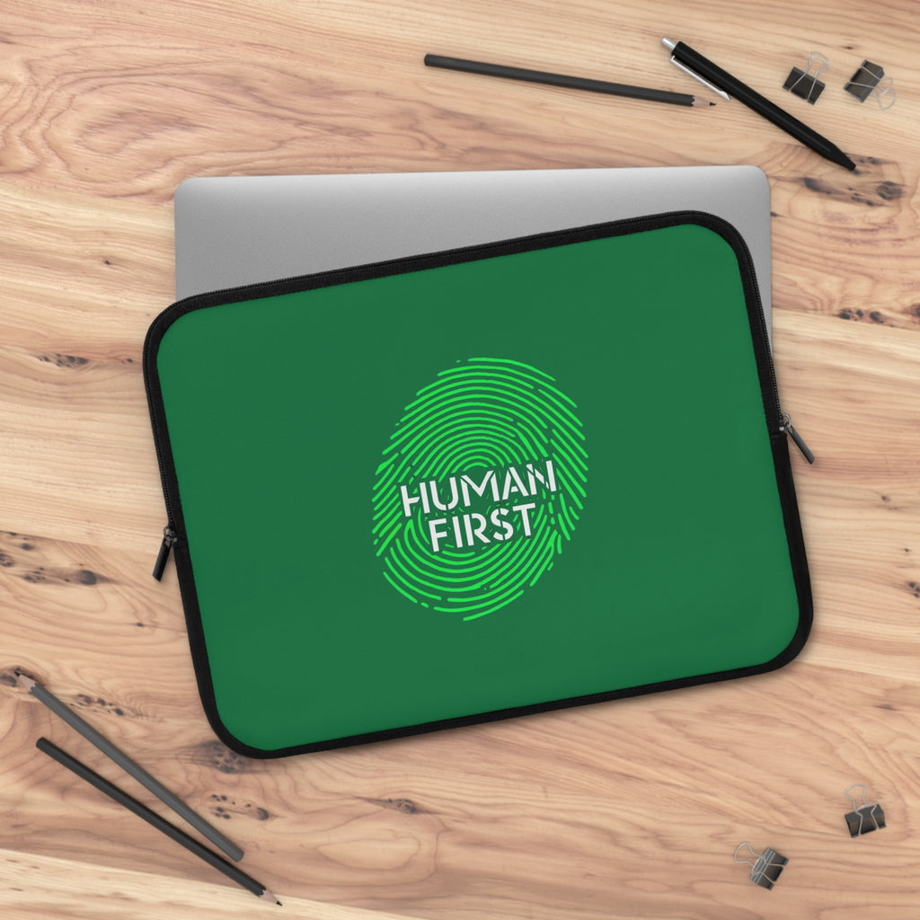 Human First Laptop Sleeve - Stylish Tech Case, Eco-Friendly Accessory, Gift for Students, Minimalist Computer Sleeve, Green Thumb Design
