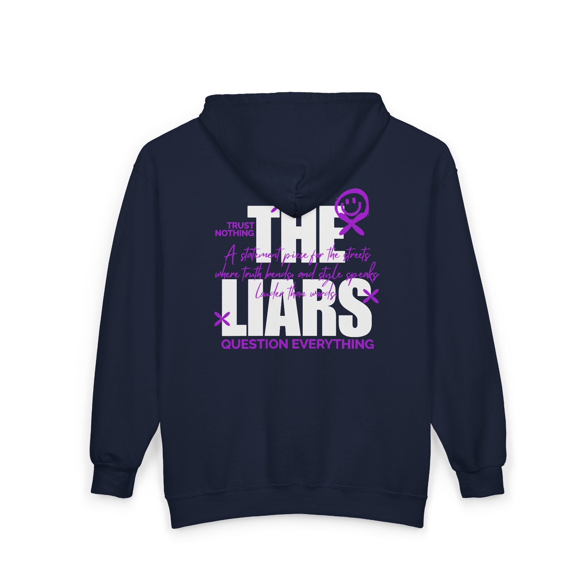 Navy blue hoodie with text design on the back against a white background