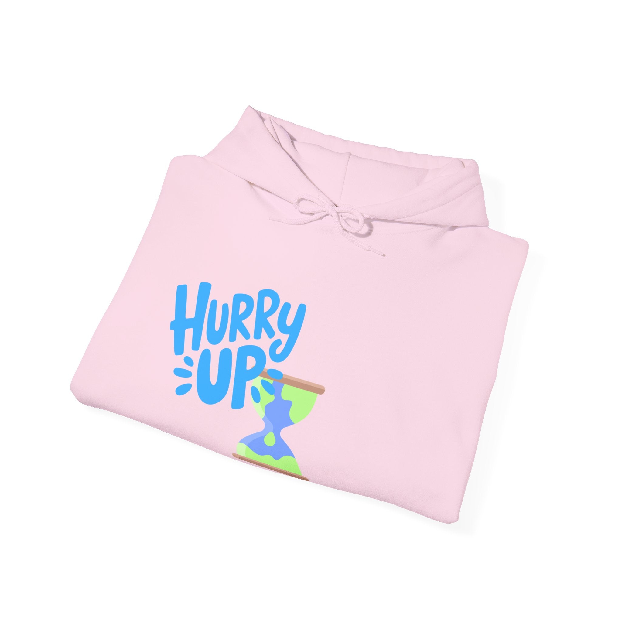 Pink hoodie with 'Hurry Up' text on a white background