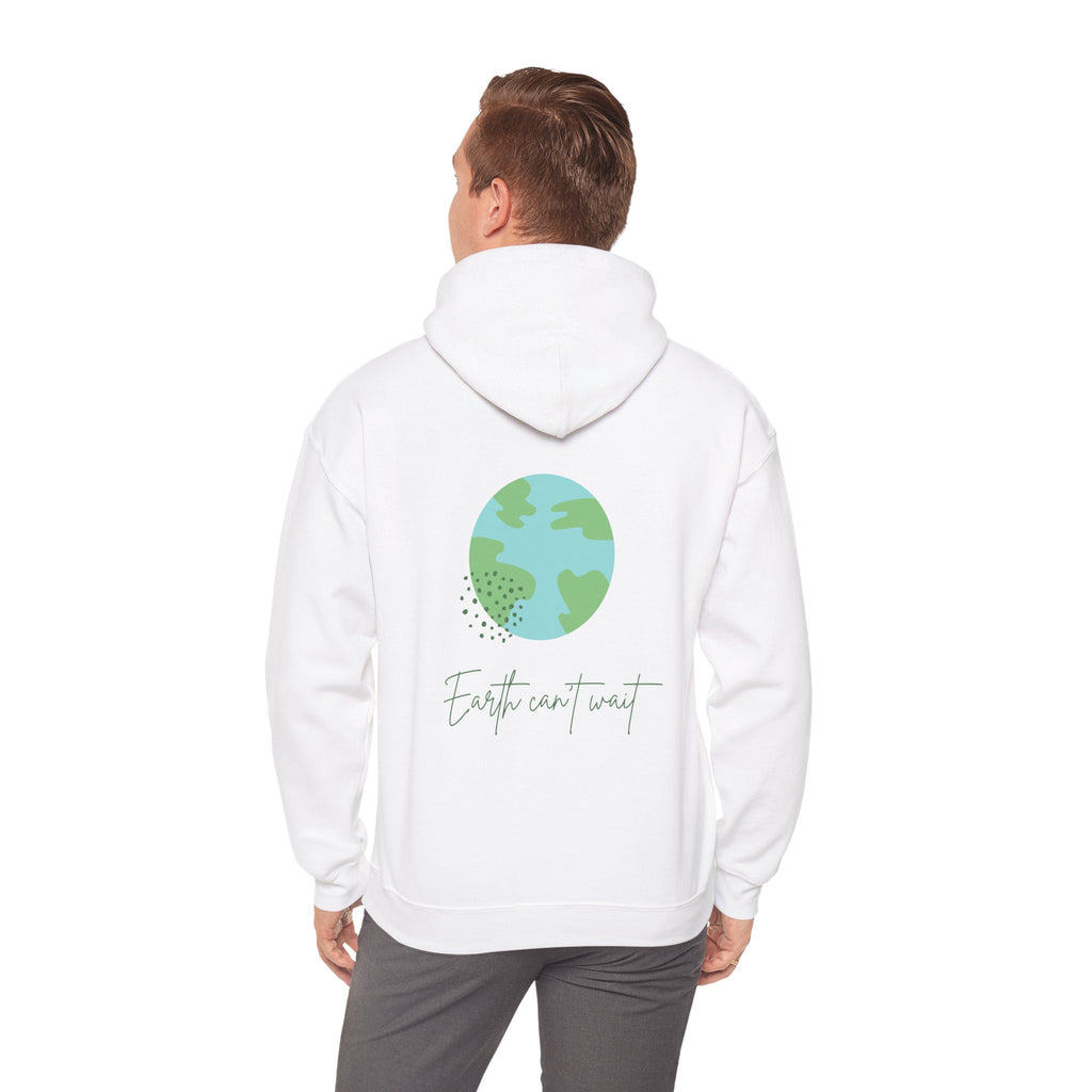 Person wearing a white hoodie with a graphic of the Earth and text on the back, on a white background