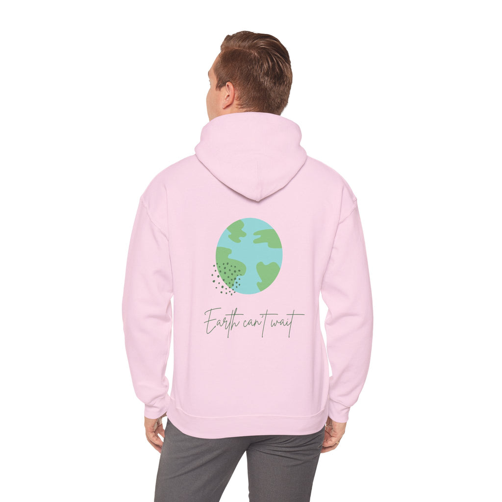 Person wearing a pink hoodie with a地球 design and 'Earth can't wait' text on the back.