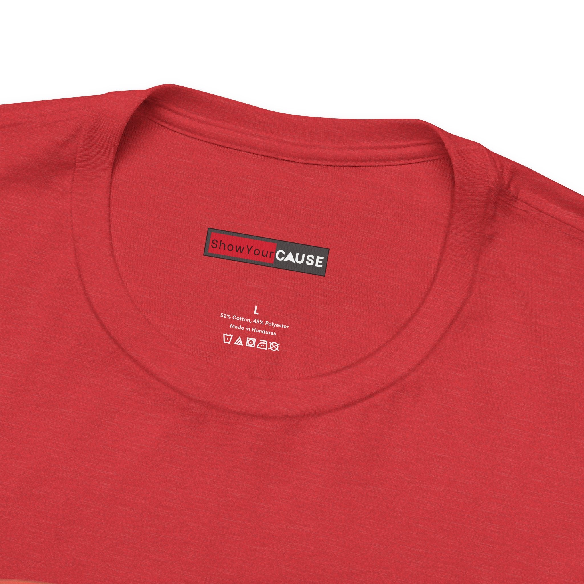Red t-shirt with 'Show Your Cause' label on a white background