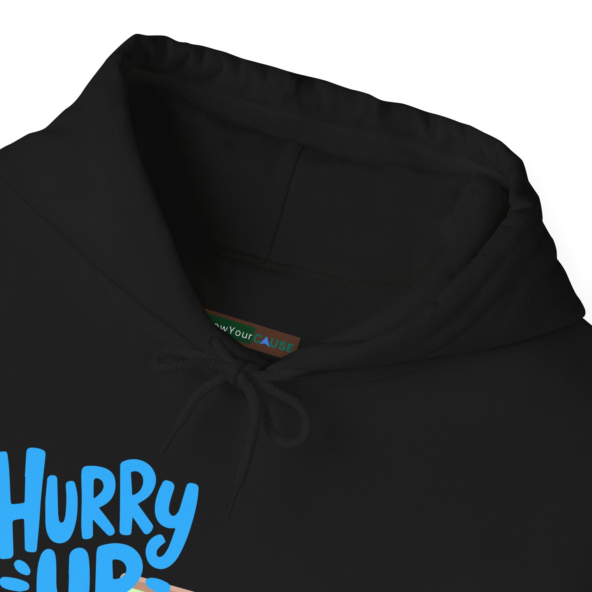 Black hoodie with blue text 'Hurry Up' on a white background