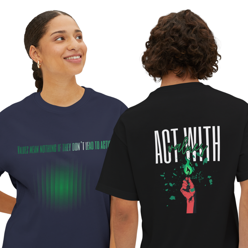 Two people wearing t-shirts with text and graphics on a white background