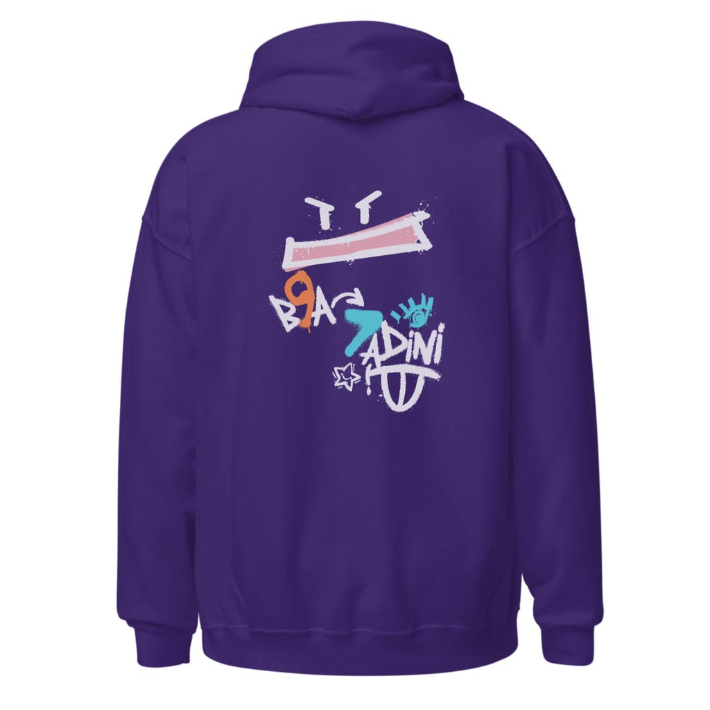 Purple hoodie with colorful graphics on the back against a white background