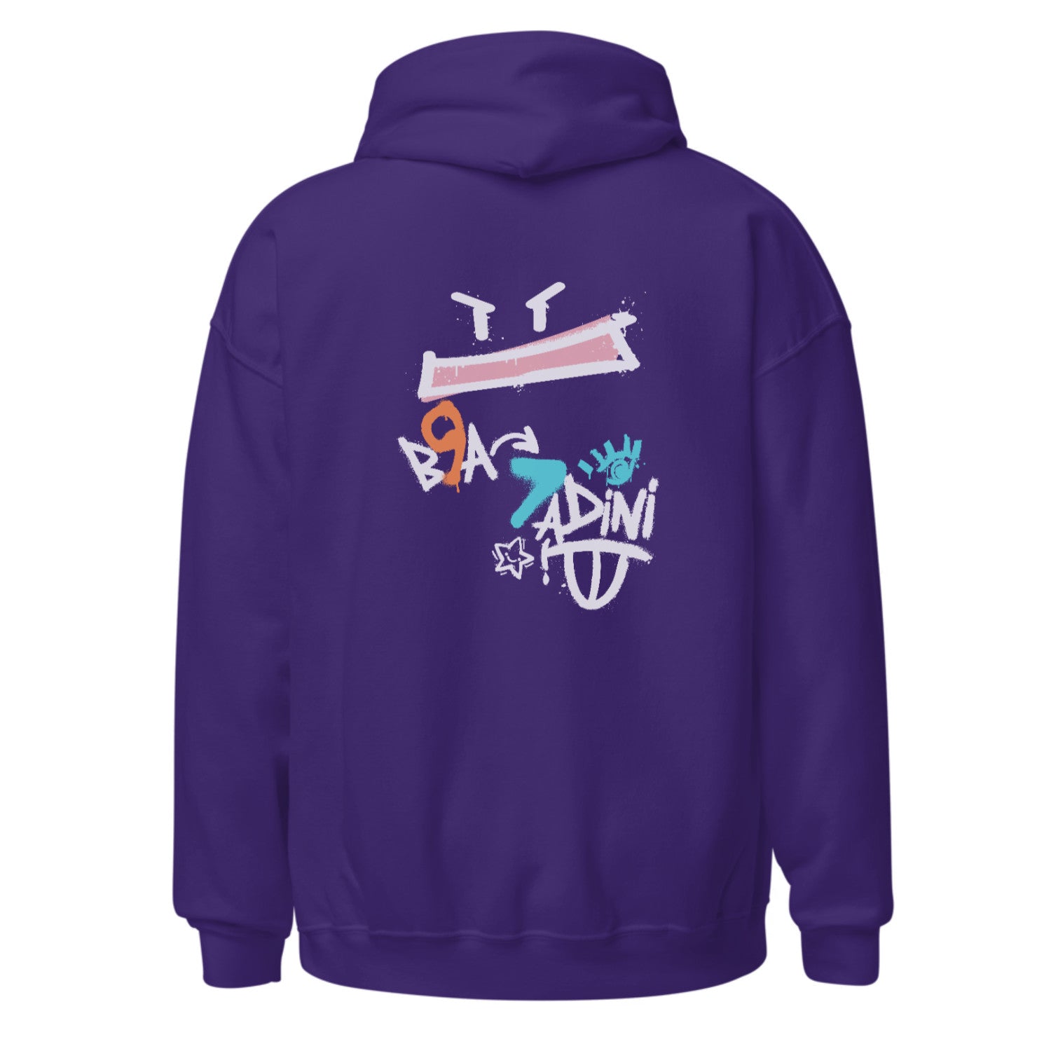 Purple hoodie with colorful graphics on the back against a white background