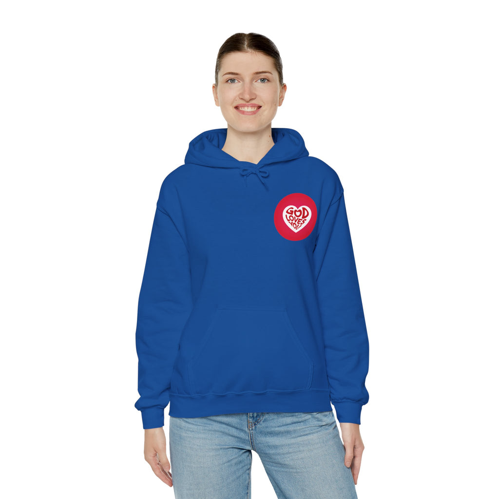 Person wearing a blue hoodie with a red heart logo on a white background