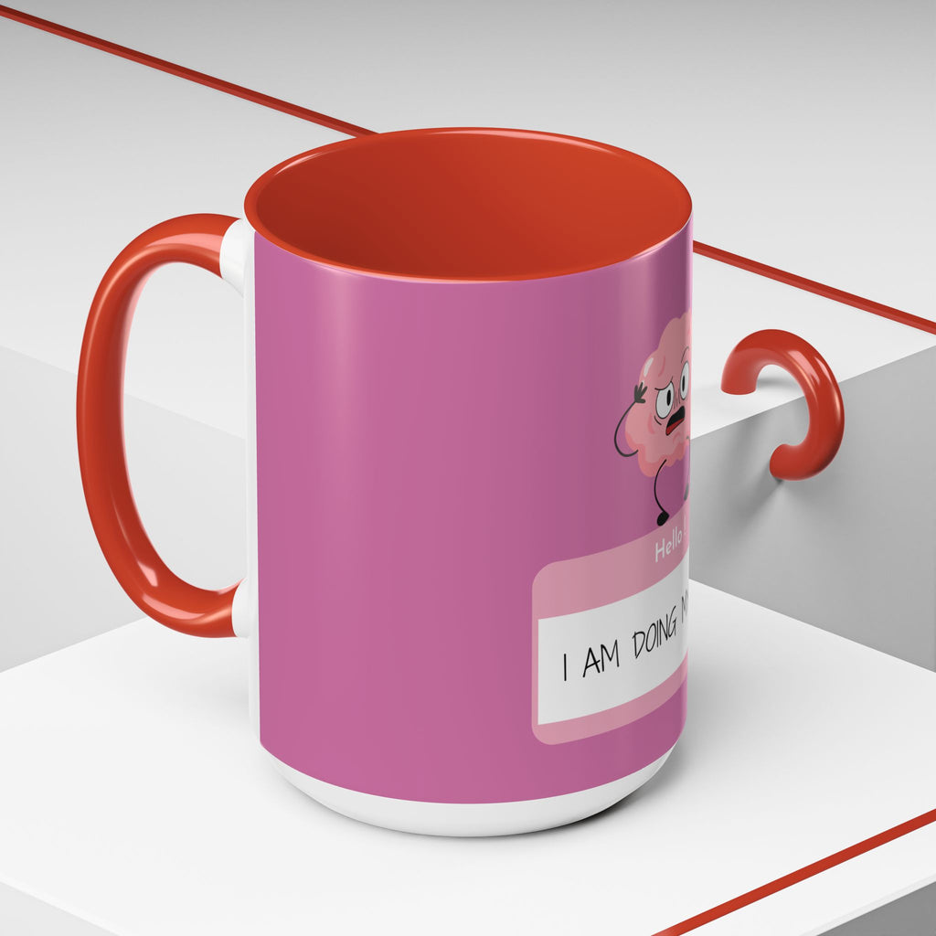Pink mug with red interior and handle on a white background