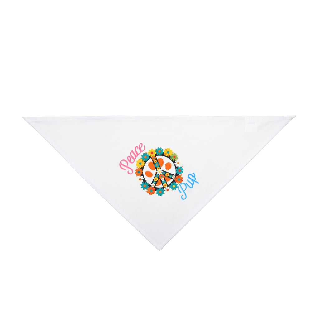 White triangle-shaped product with colorful design and text on a white background
