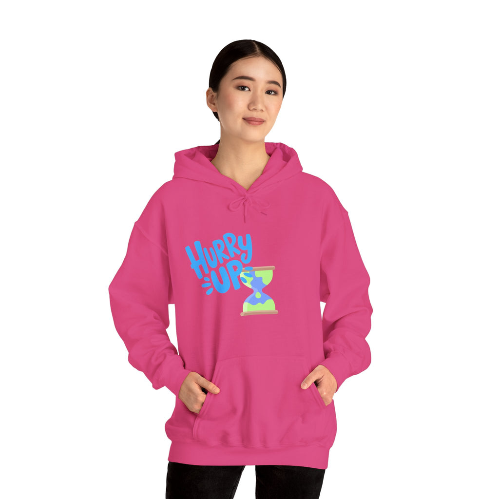 Person wearing a pink hoodie with a graphic design on a white background