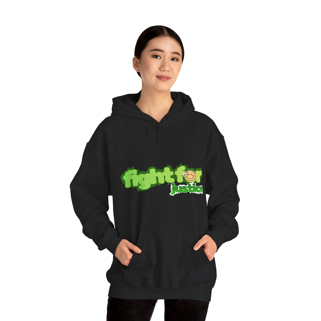 Person wearing a black hoodie with 'fight for justice' text on a white background