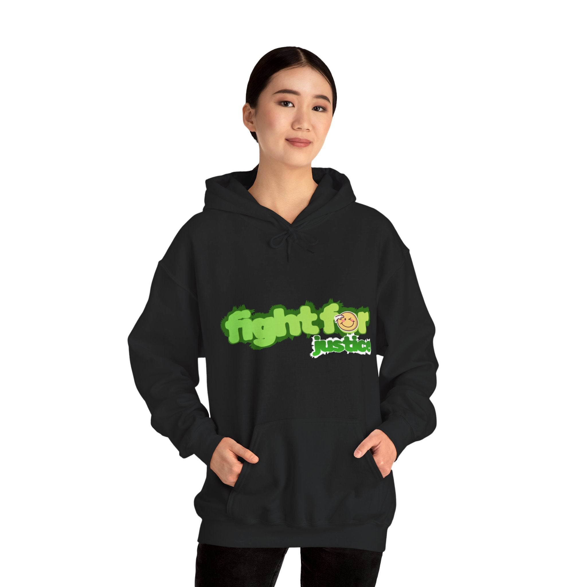 Person wearing a black hoodie with 'fight for justice' text on a white background