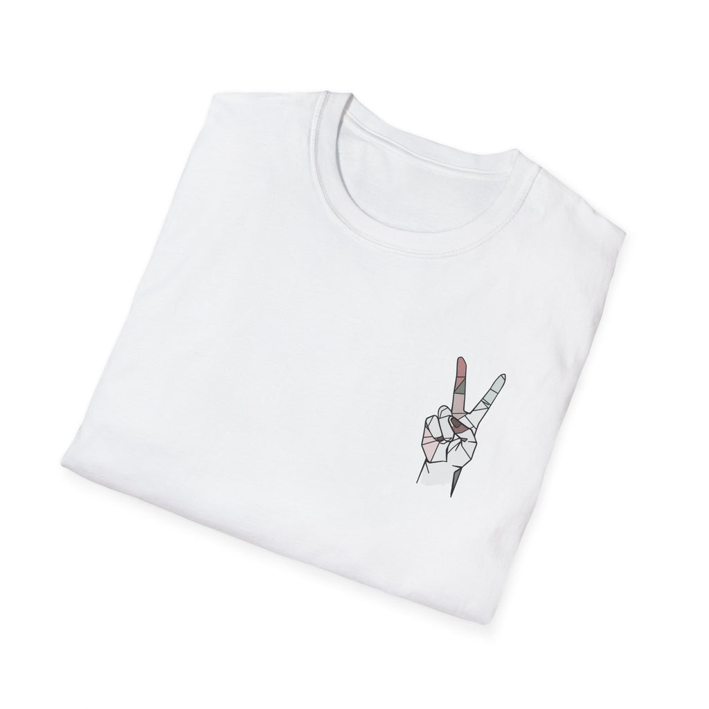 Folded white t-shirt with geometric hand design on a white background