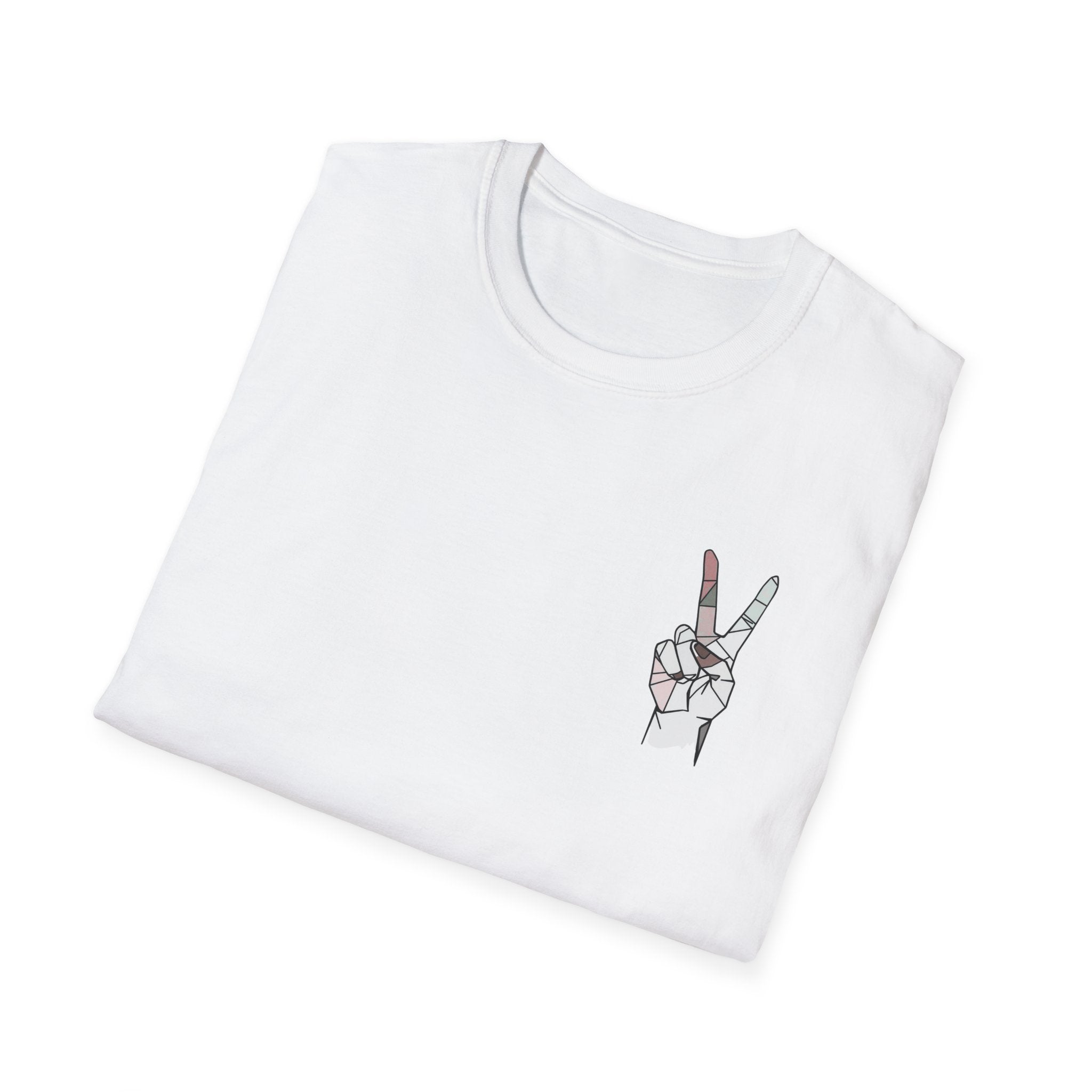 Folded white t-shirt with geometric hand design on a white background