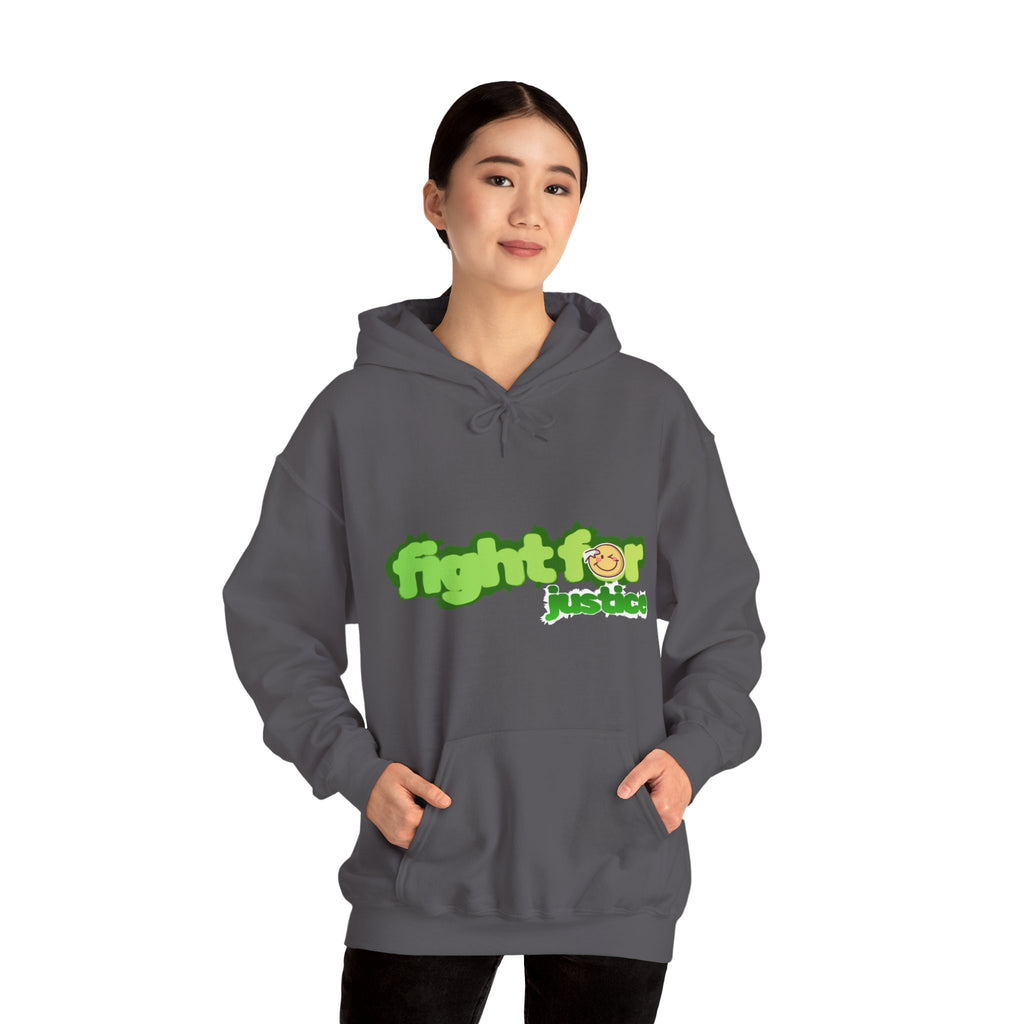 Person wearing a gray hoodie with 'fight for justice' text on a white background
