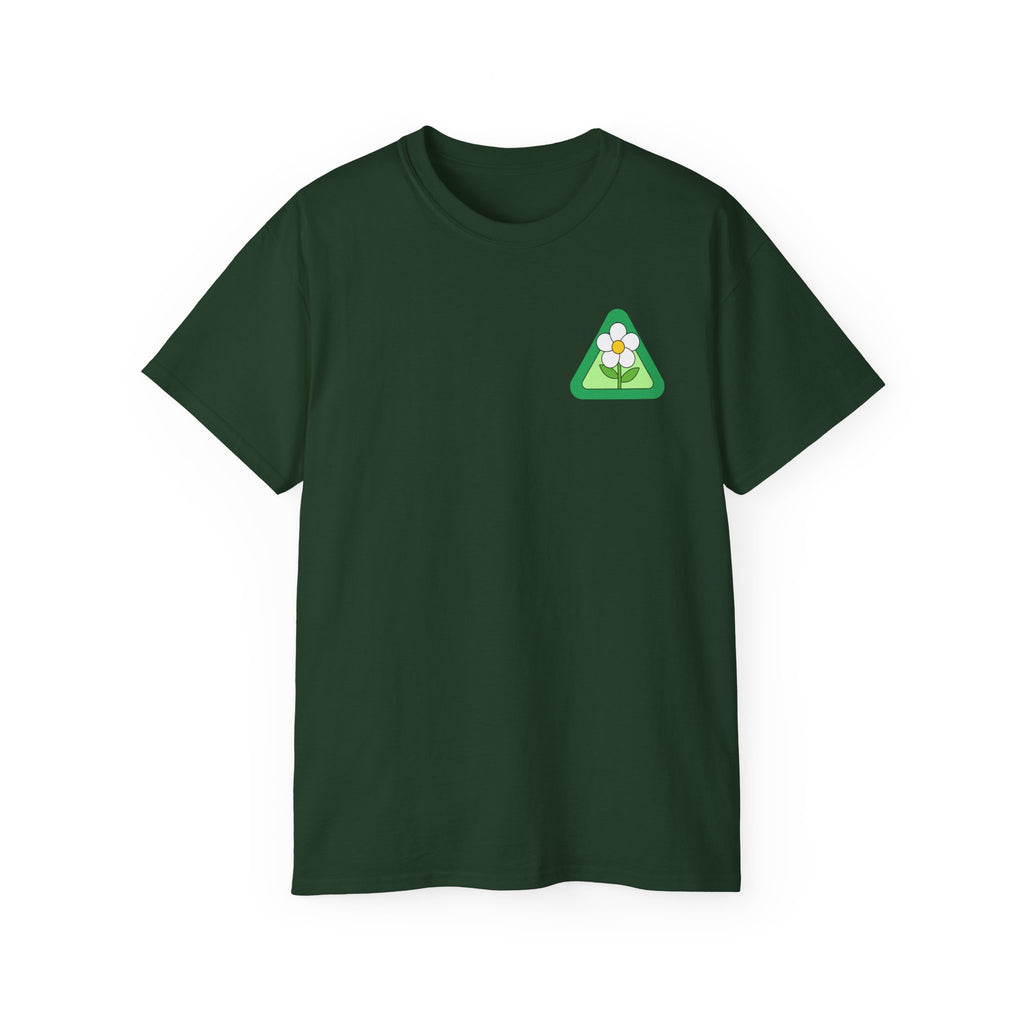 Green t-shirt with a small logo on the chest against a white background