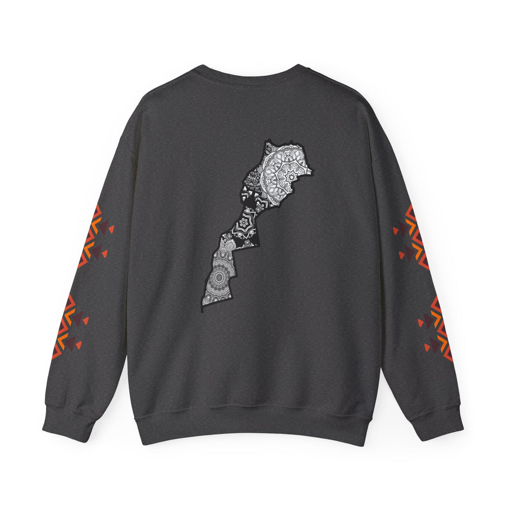 Dark gray sweatshirt with a decorative pattern on the back and colorful designs on sleeves against a white background