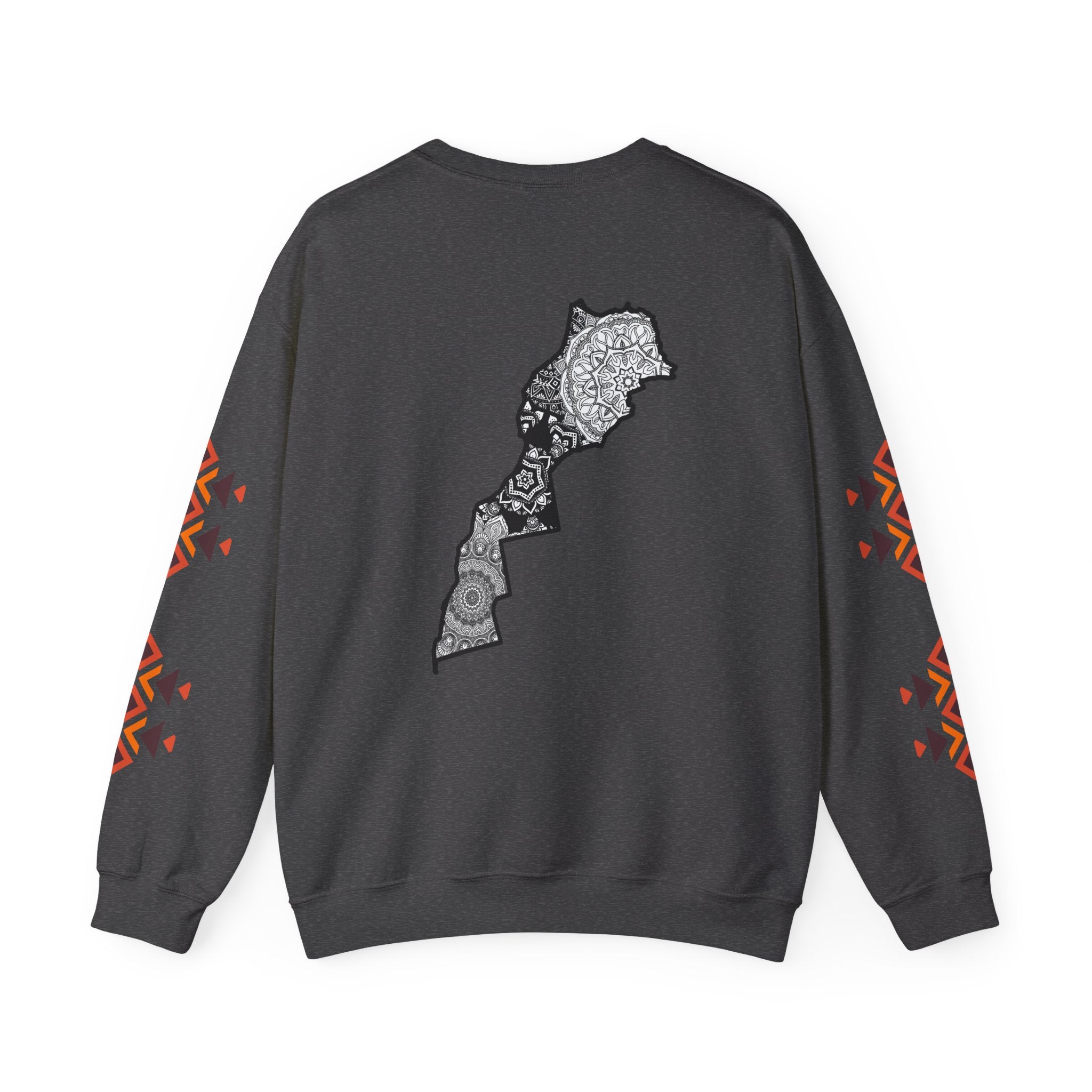 Dark gray sweatshirt with a decorative pattern on the back and colorful designs on sleeves against a white background