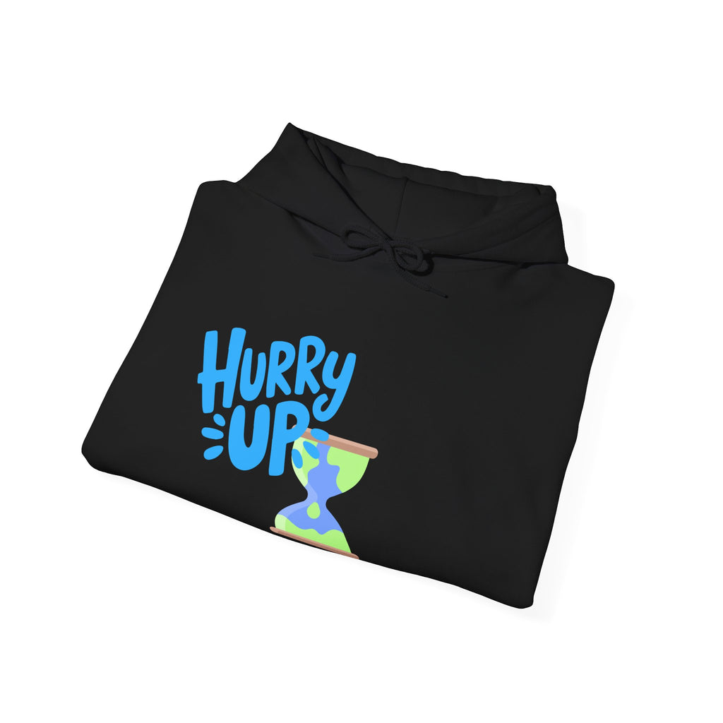 Black hoodie with 'Hurry Up' text and graphic on a white background