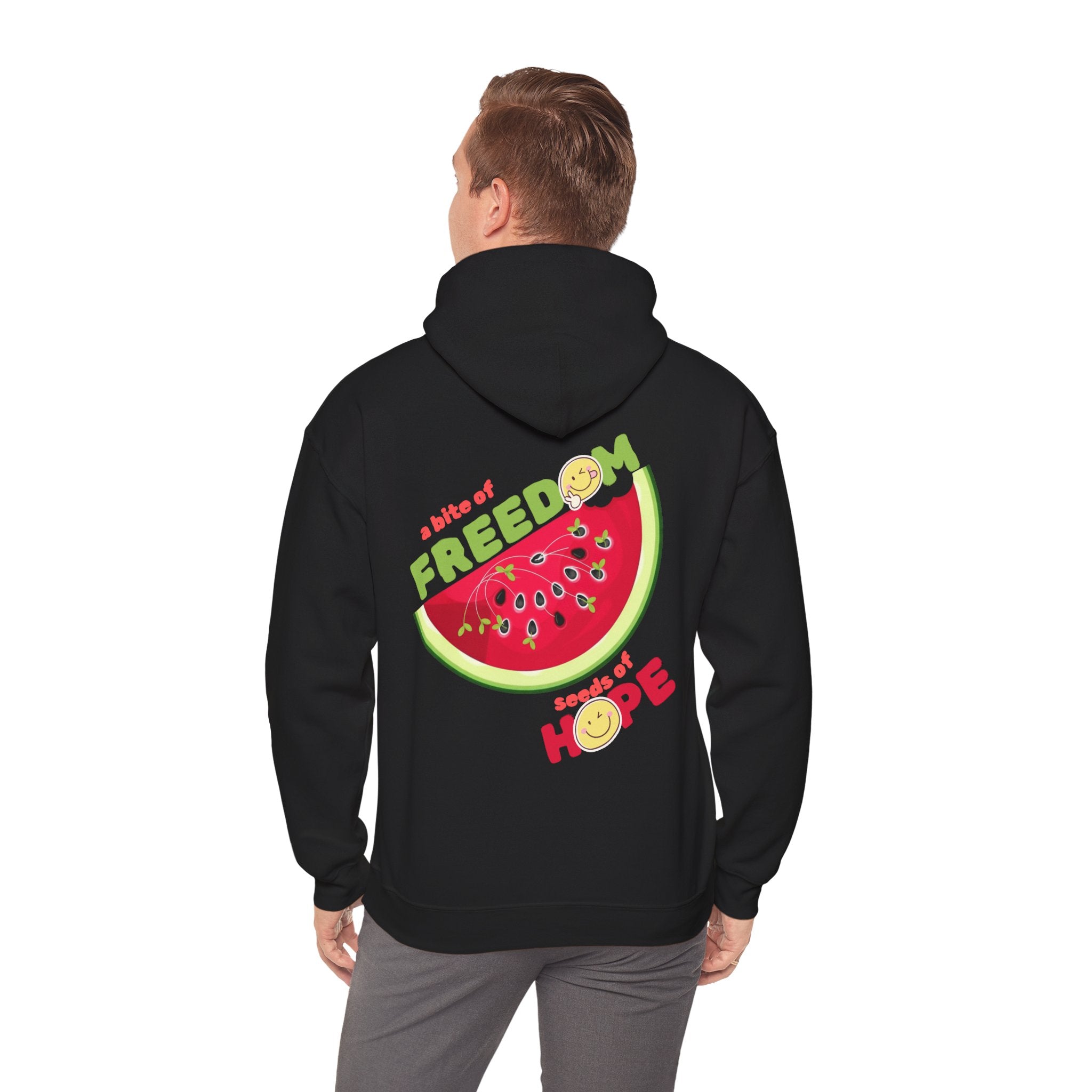 Black hoodie with a watermelon design and text on the back, worn by a person.