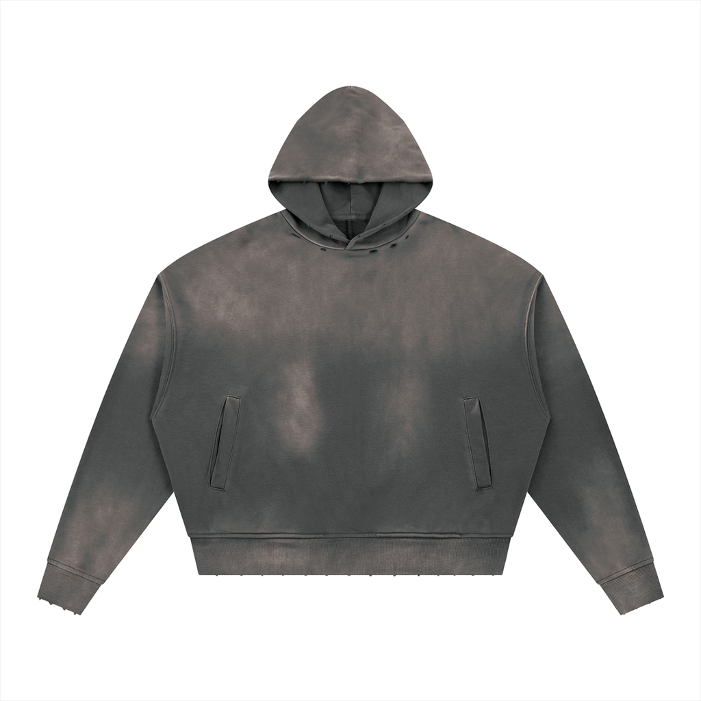 A dark gray acid-wash cropped hoodie with a faded, distressed texture, featuring a front kangaroo pocket and ribbed cuffs and hem, shown against a plain white background.