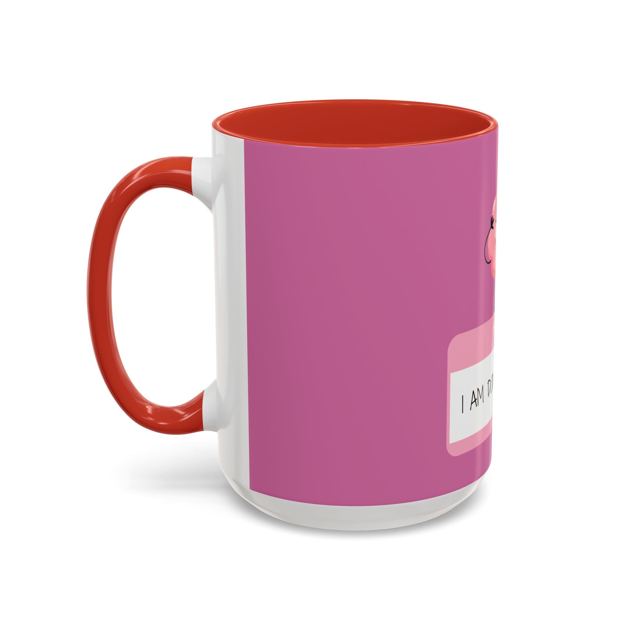 Pink mug with red interior and handle on a white background