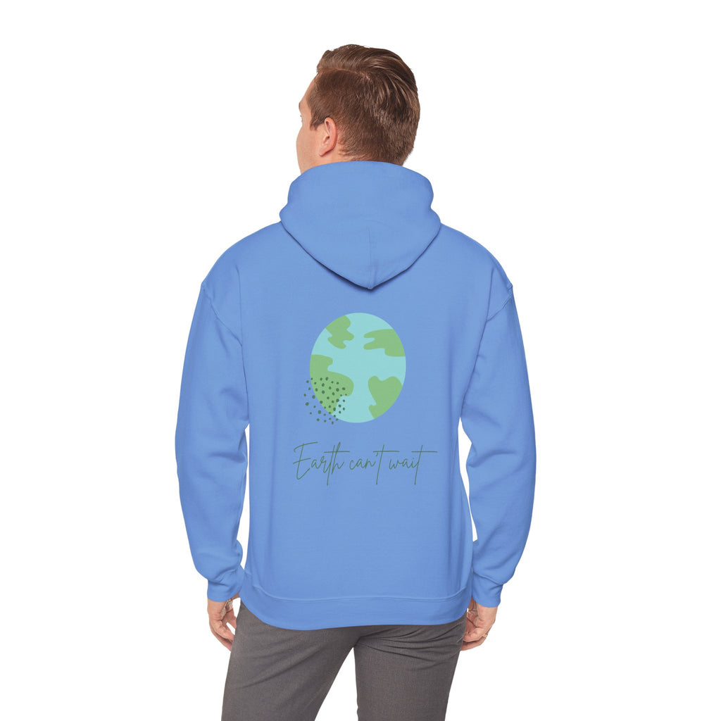 Person wearing a blue hoodie with a green Earth graphic and text on the back, on a white background