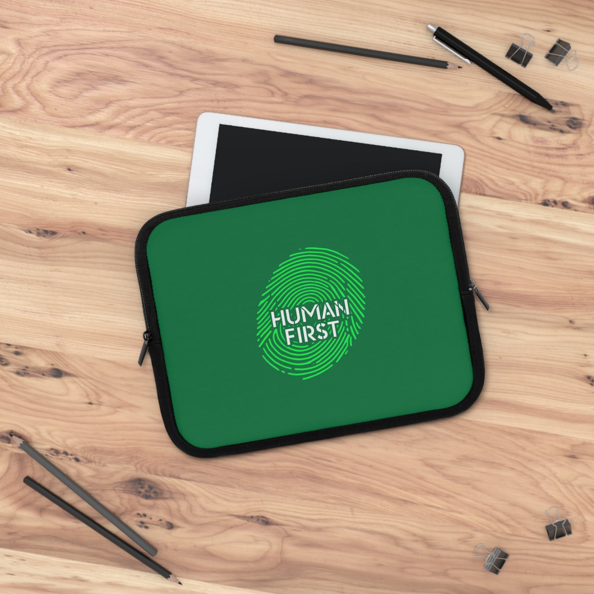 Human First Laptop Sleeve - Stylish Tech Case, Eco-Friendly Accessory, Gift for Students, Minimalist Computer Sleeve, Green Thumb Design