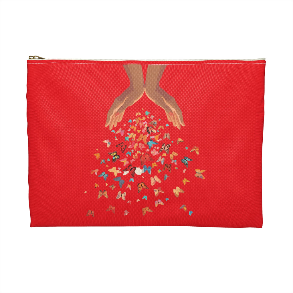 Red pouch with hands holding butterflies design on a white background