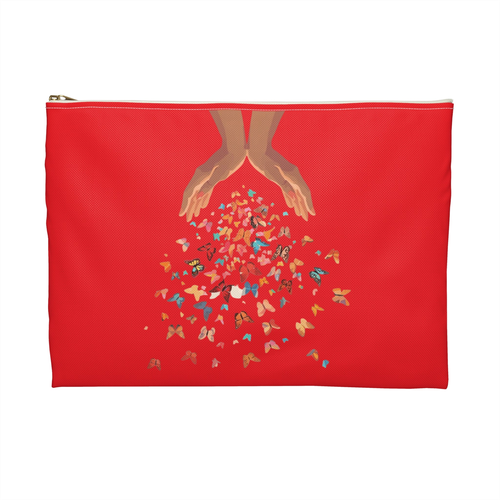 Red pouch with hands holding butterflies design on a white background